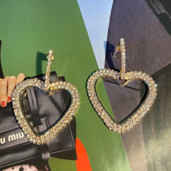 Gold Tone Crystals Heart Earrings - Picture 2 of 5